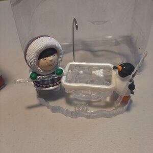 1998 Hallmark Frosty Friends Ornament #17 Ice Pool Table Eskimo Girl and penguin